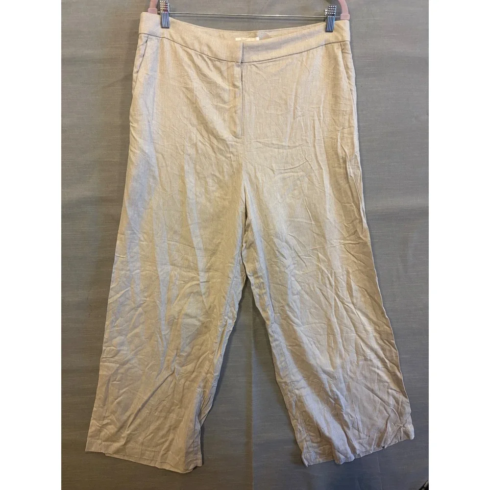 XL 145 H&M NWT Linen Blend Wide Leg Cropped Pants Neutral Coastal Quiet Luxury